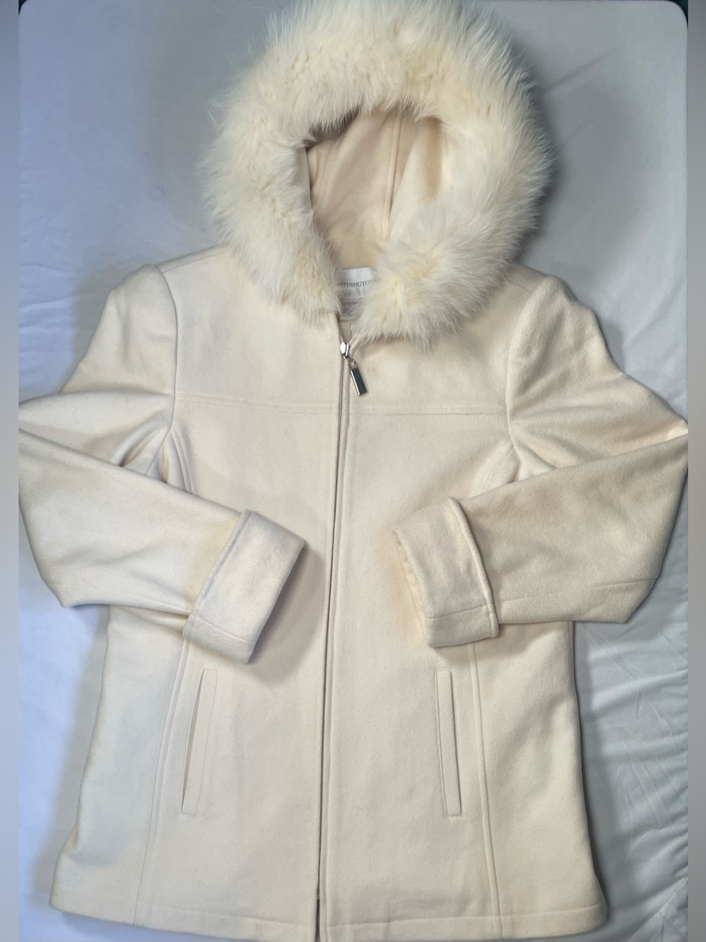 Worthington Cream Wool Blend Winter Coat Genuine Fox Fur Trim Hood Size Large